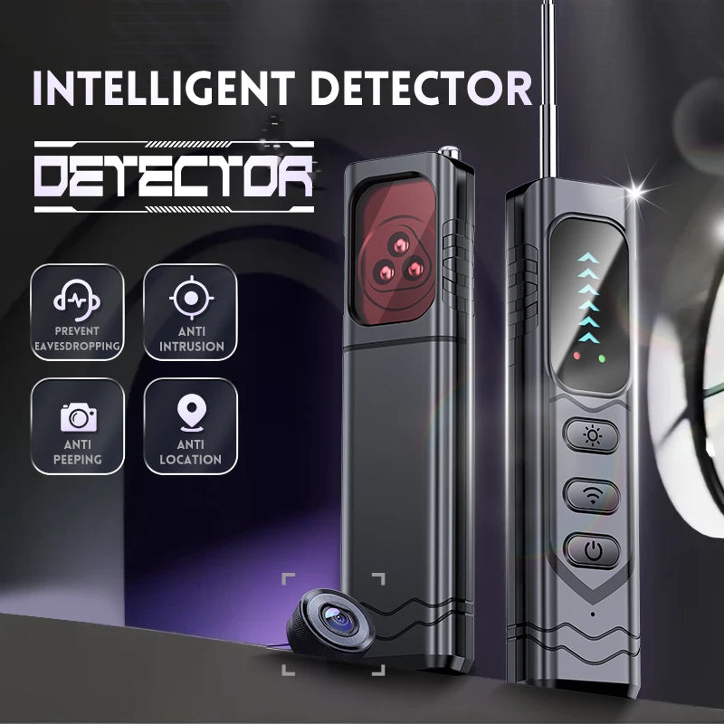 Black handheld plastic bug detector with an extendable antenna, red light scanner, signal indicator, and buttons.