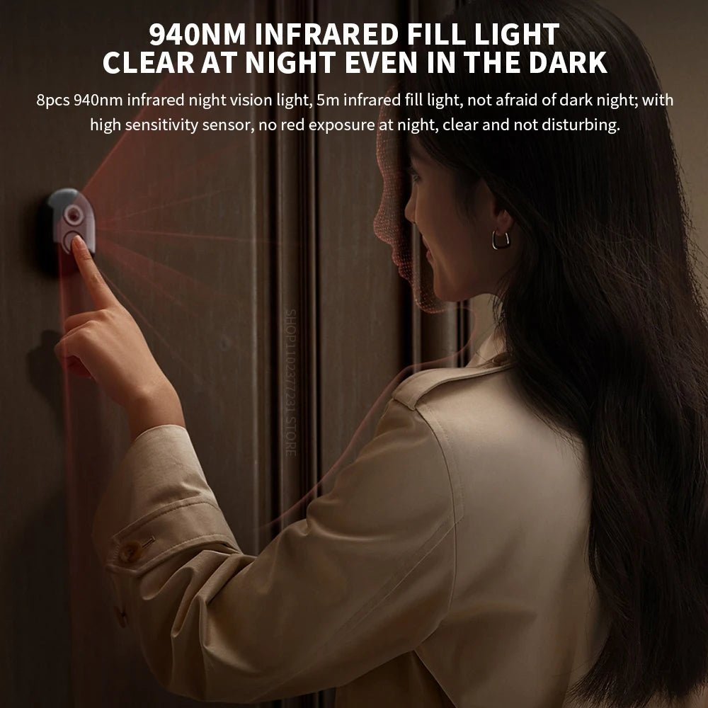 A person touching a sleek, grey smart video doorbell with infrared night vision on a dark door.