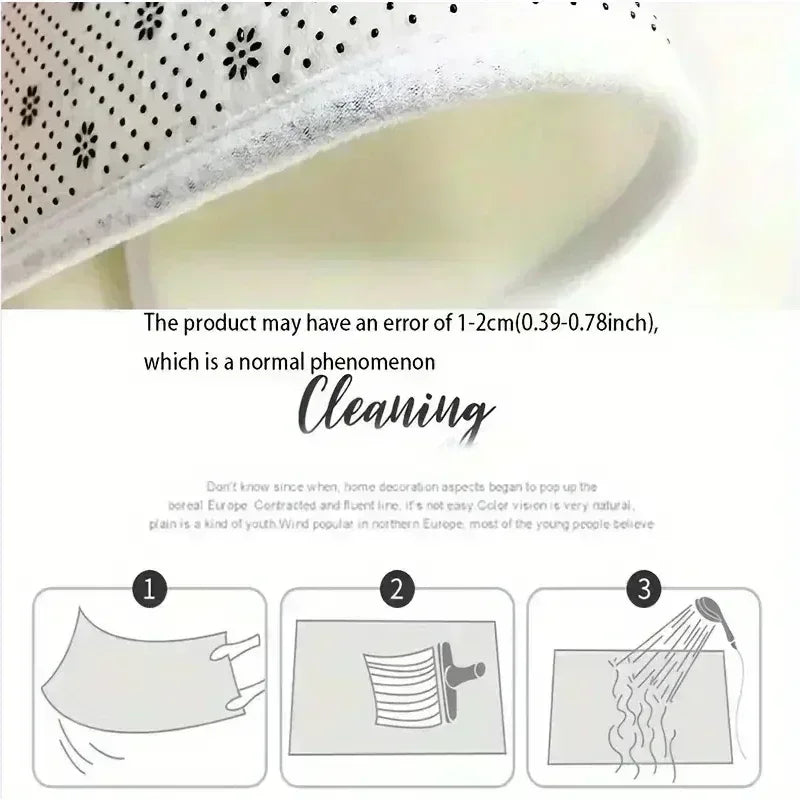 Close-up of a soft fleece rug showing its anti-slip dotted backing and simple three-step cleaning guide.