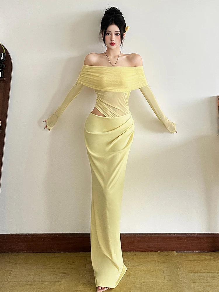 Pale yellow long-sleeve maxi dress with an off-the-shoulder slash neck, mesh patchwork, and a ruched hollow waist.