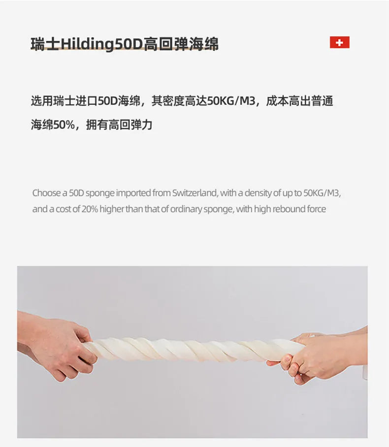 Two hands pulling and twisting a piece of high-density white foam to demonstrate its flexibility and durability.