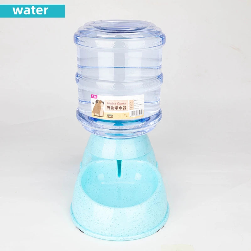 Clear 3.8L pet water dispenser with a light blue speckled base and gravity-fed bowl.