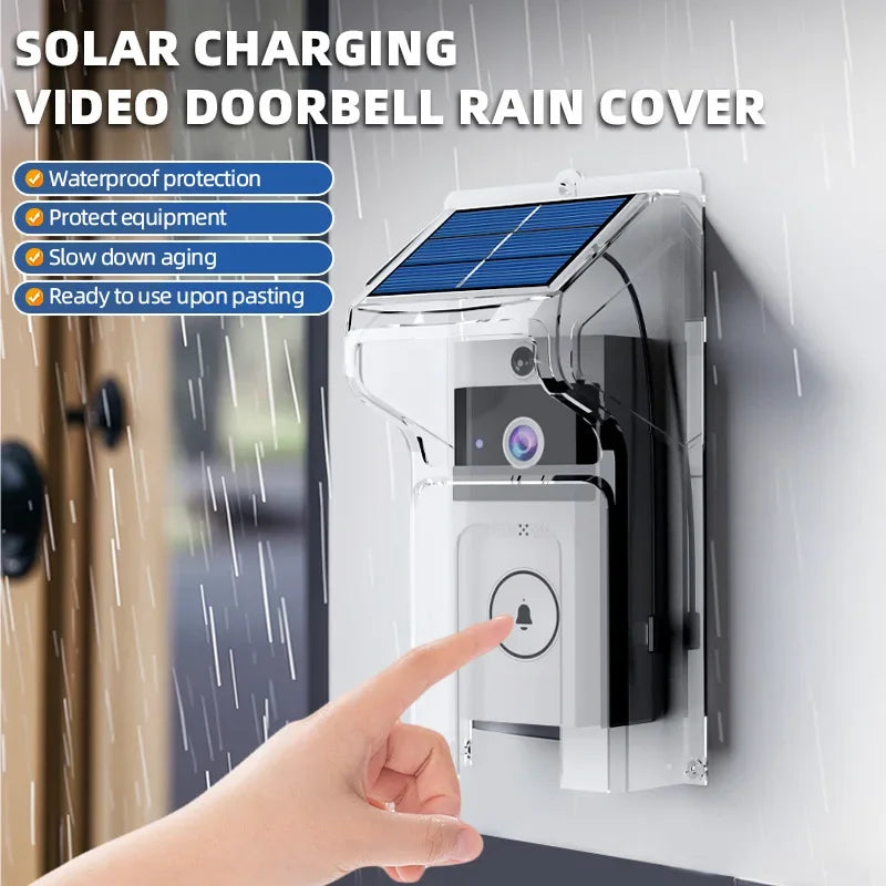 Smart video doorbell with a clear, protective weatherproof rain cover and an integrated solar charging panel.