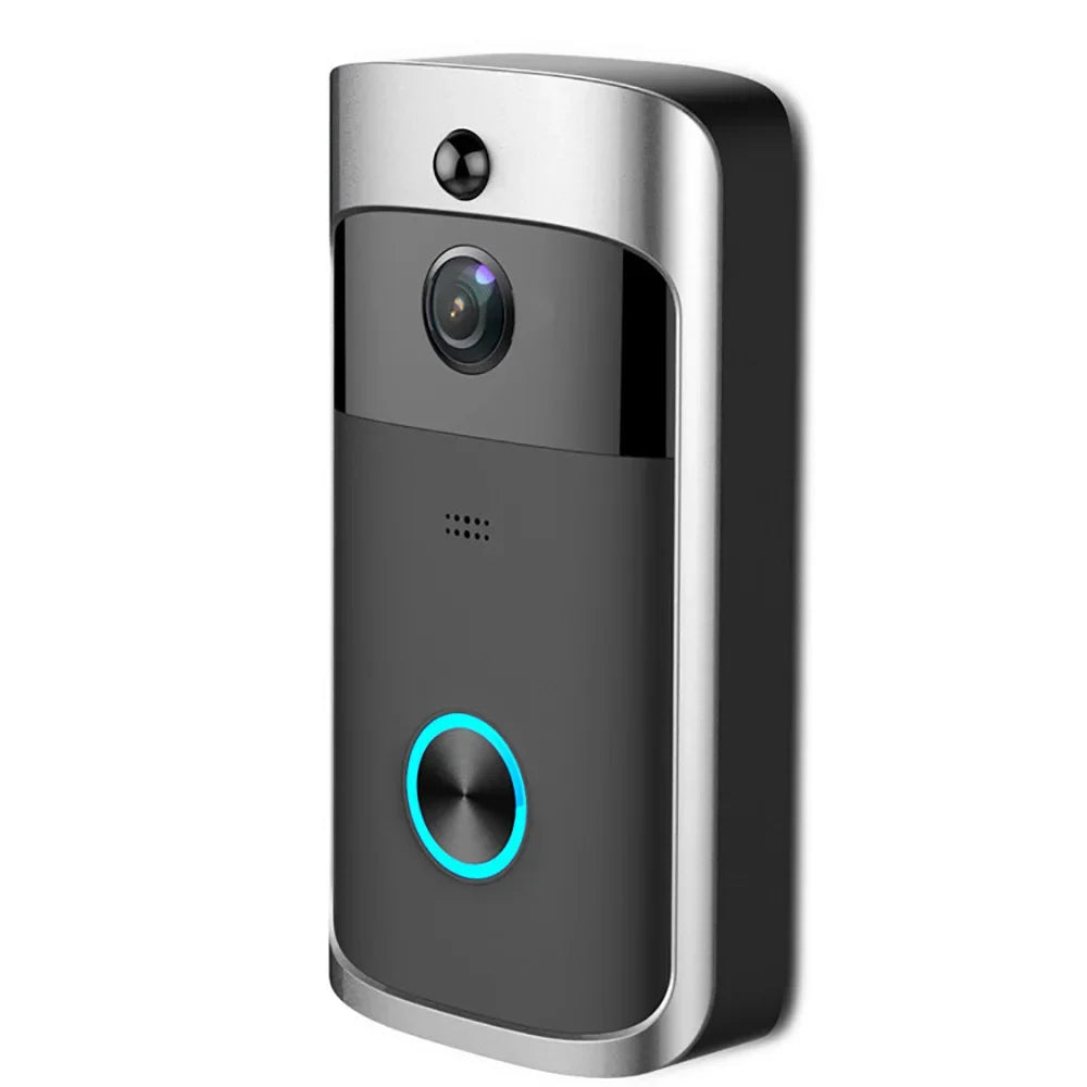 Sleek black and silver wireless video doorbell with a central button and camera lens.
