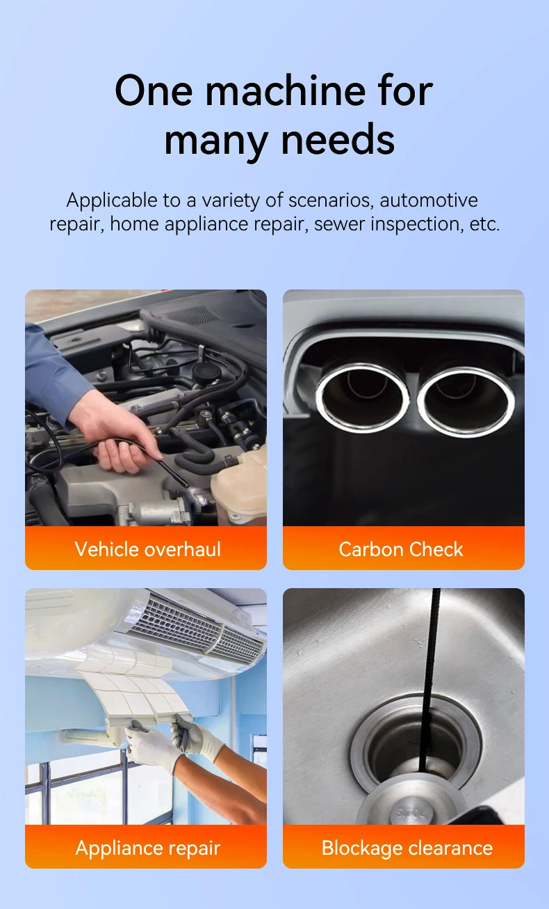 Four images showing a borescope inspecting a car engine, exhaust, air conditioner, and sink drain for maintenance.