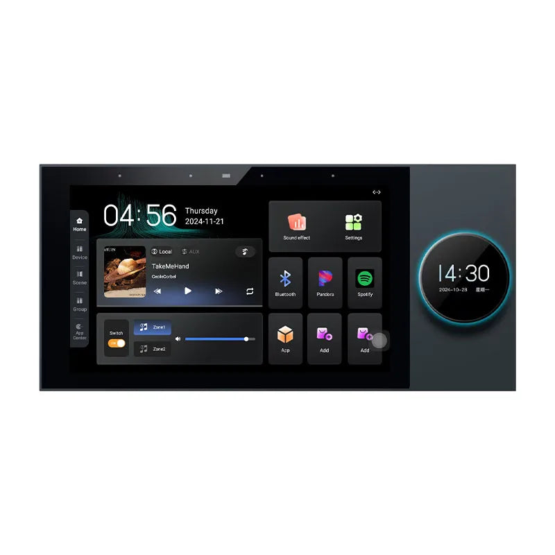 7-inch black in-wall smart home audio control panel with a digital touchscreen interface and circular secondary display.