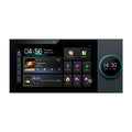 7-inch black in-wall smart home audio control panel with a digital touchscreen interface and circular secondary display.