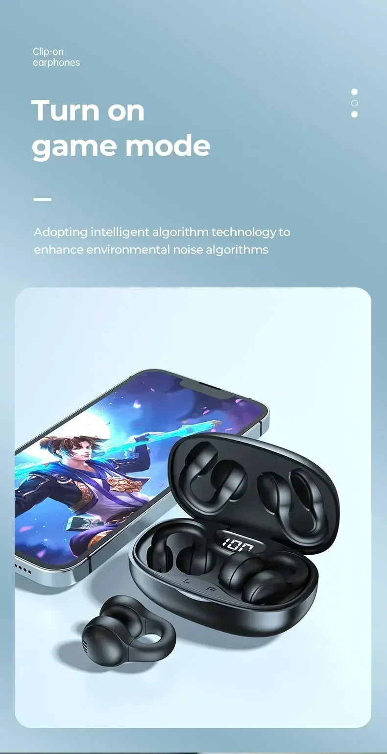 Black wireless clip-on earphones in a charging case with a digital battery display, next to a gaming smartphone.