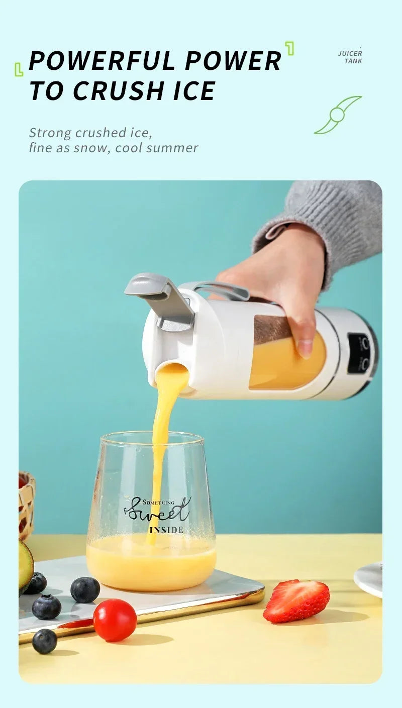 White portable electric blender bottle pouring orange juice into a glass on a colorful background.