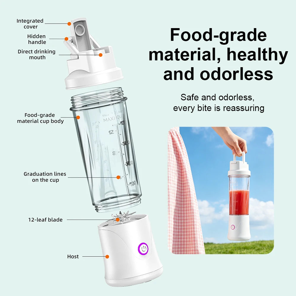 Portable white blender with a clear cup, 12-leaf blade, and a handle on the lid, shown disassembled and in use.