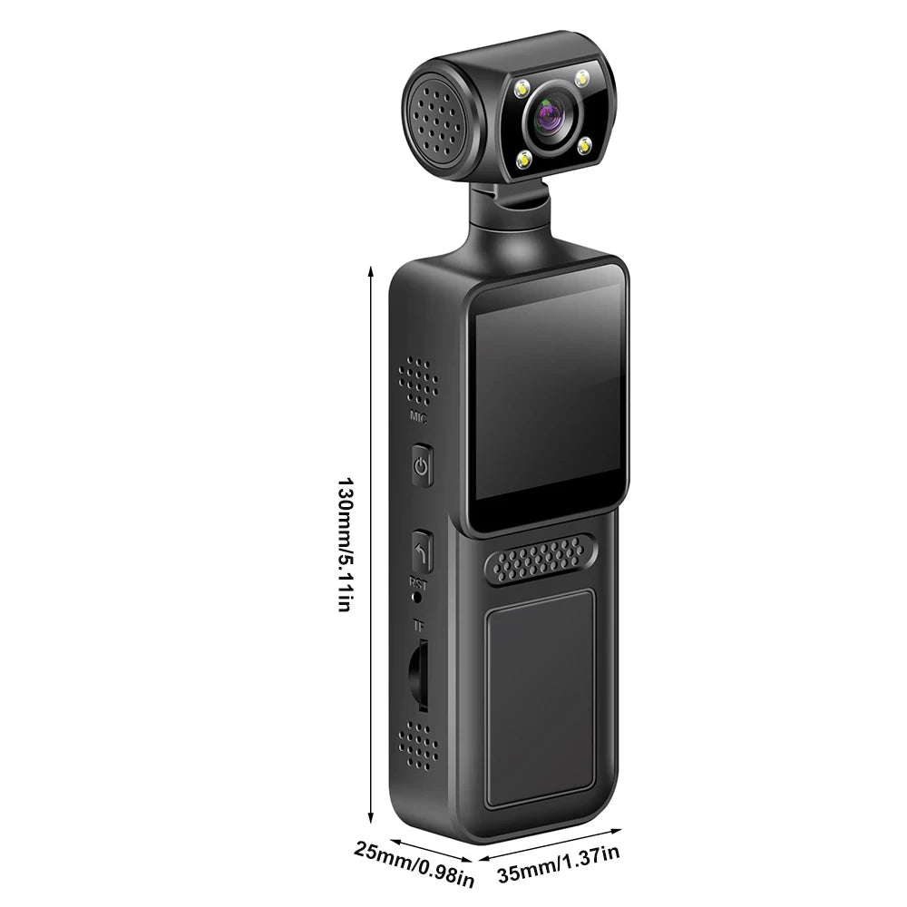 Black handheld plastic video camera with a rotatable gimbal lens, side screen, power button, and dimension labels.