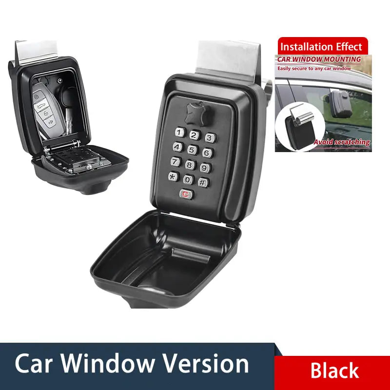 Black metal car window key lock box with a numeric keypad, designed to hook over a vehicle window.