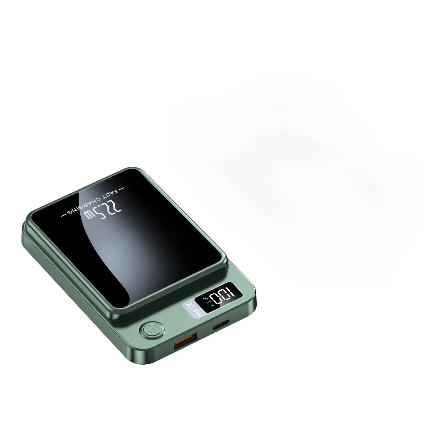 A sage green magnetic power bank with a glossy black charging surface, digital battery display, and USB-C ports.