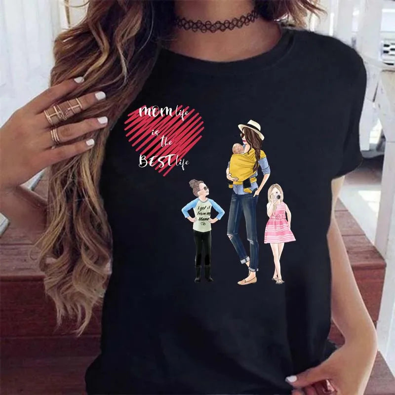 Black crew-neck t-shirt featuring a "Mom life is the best life" heart print and an illustration of a mother and kids.