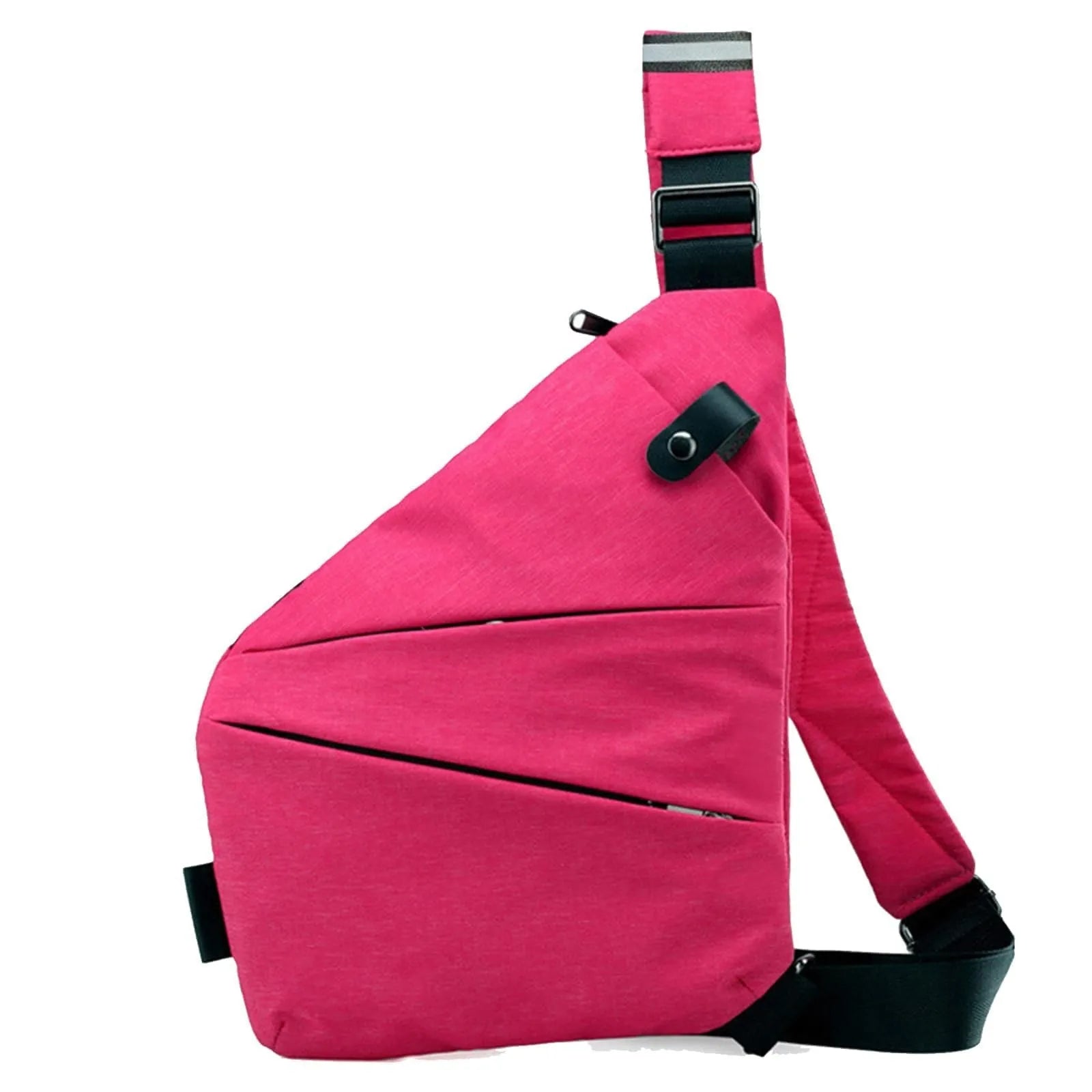Bright pink, triangular anti-theft crossbody chest bag with adjustable strap and hidden zip pockets.