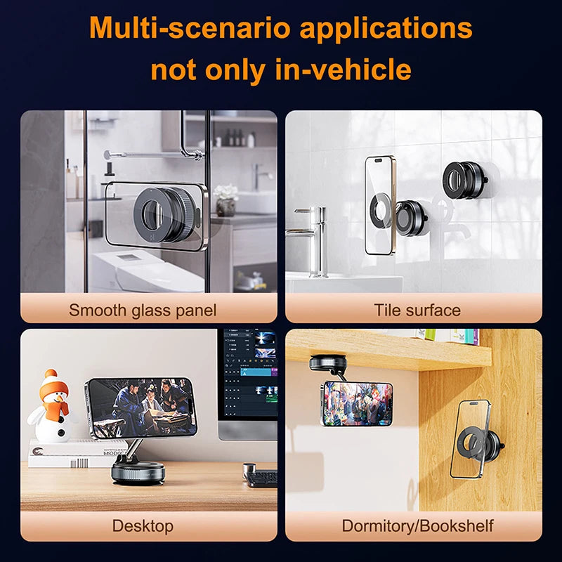 Four photos show a sleek, black, adjustable magnetic phone mount used on glass, tile, desks, and shelves.