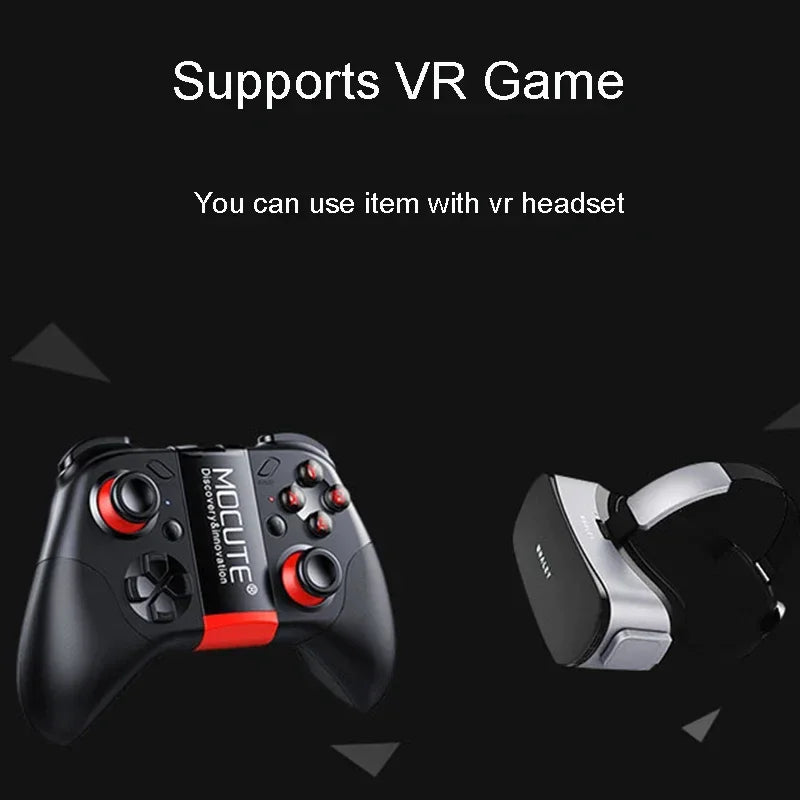 Black gaming controller with red accents paired with a silver and black VR headset on a black background.