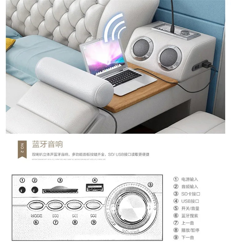 Modern white leather bed featuring a tufted headboard, integrated side table, built-in speakers and USB connectivity.