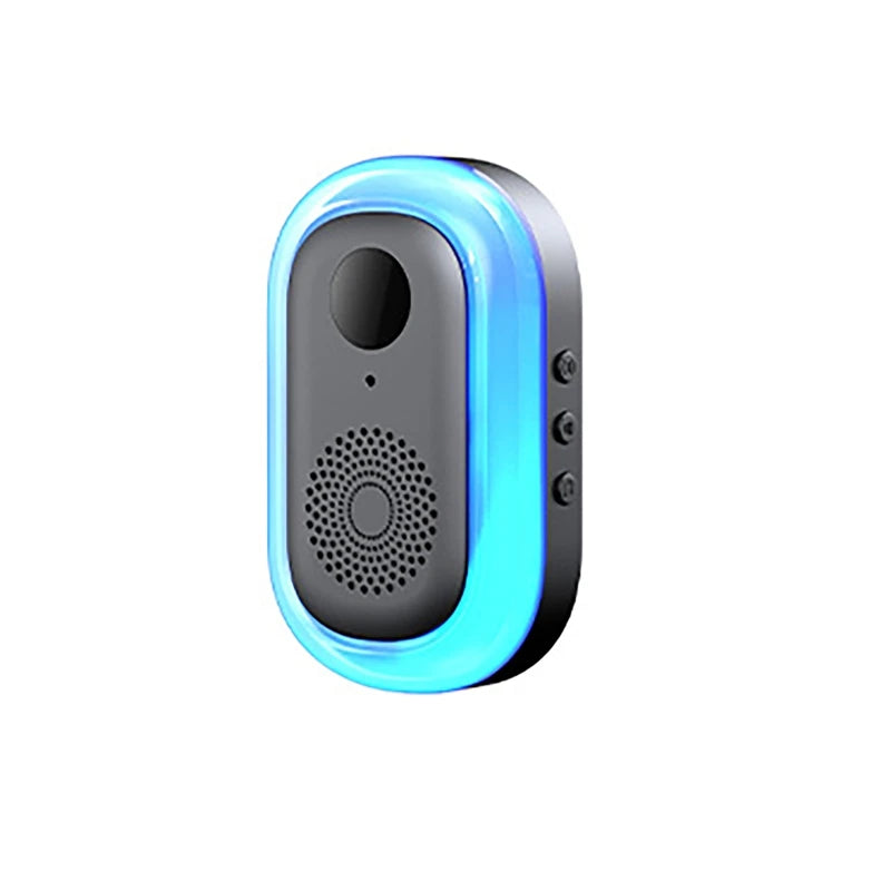 Oval smart video doorbell with a grey centre, camera lens, speaker, and a vibrant glowing blue LED ring border.