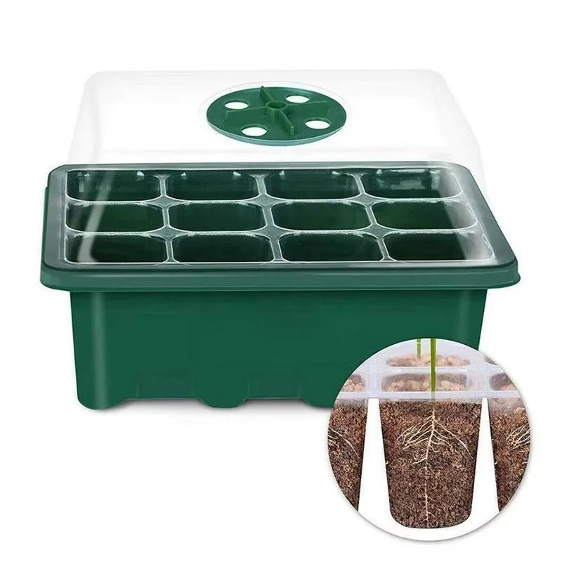 Green 12-cell plastic seed starter tray with a clear humidity dome lid and an adjustable circular top vent.