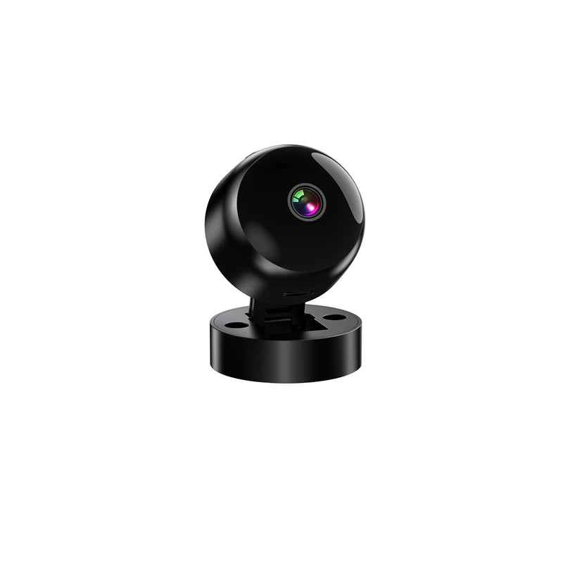 A sleek, black 360-degree wireless security camera with a spherical lens on a compact, flat base.