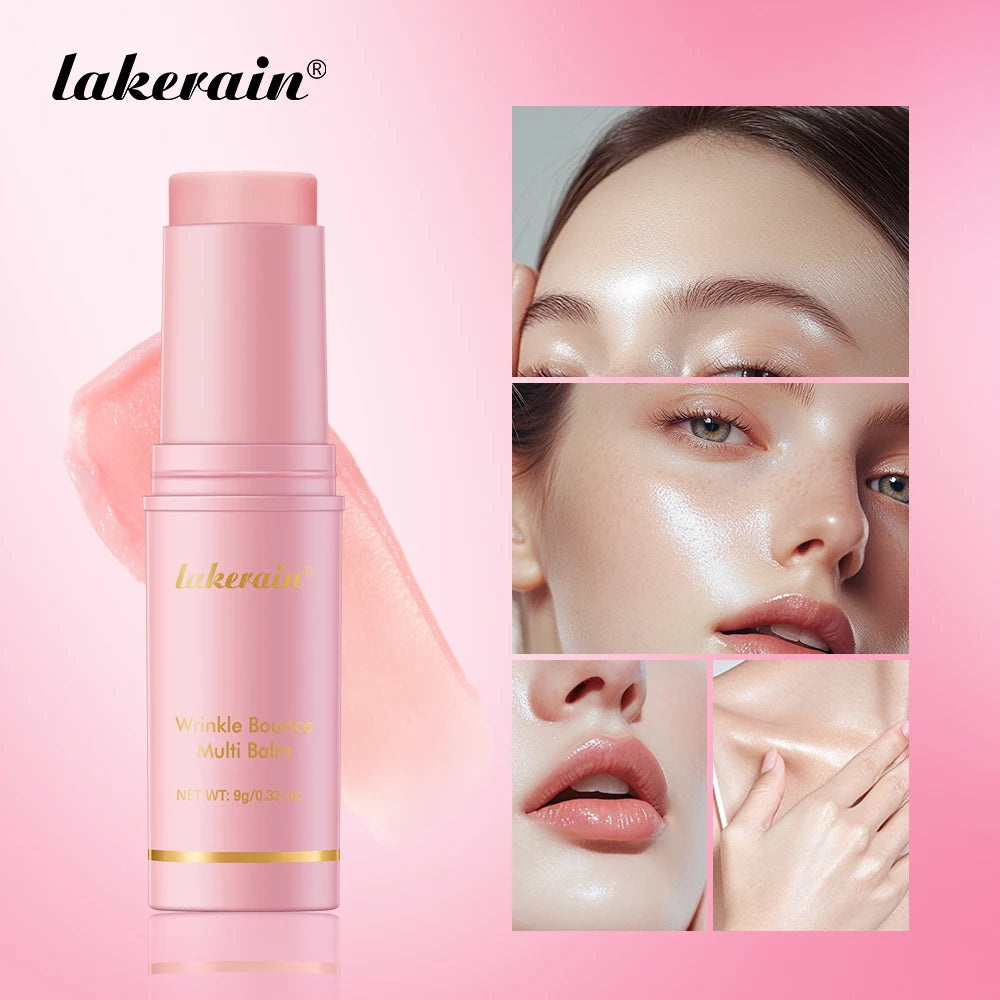 Pink wrinkle-bounce multi-balm stick for face and body, providing a hydrating, glowing finish to skin and lips.