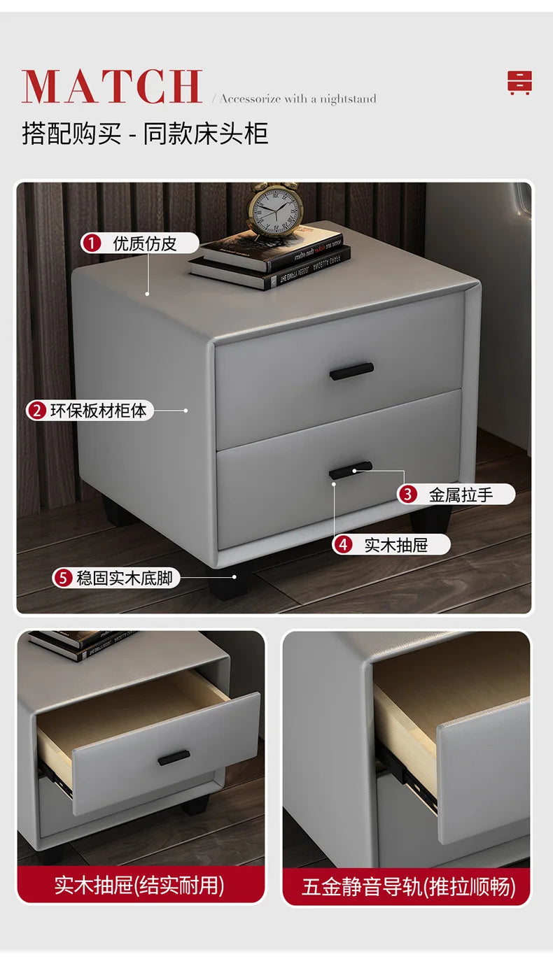 Grey minimalist bedside table with two drawers, black metal handles and sturdy solid wood feet.