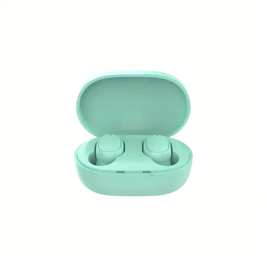 Mint green wireless earbuds in an open, oval-shaped matching charging case against a plain white background.