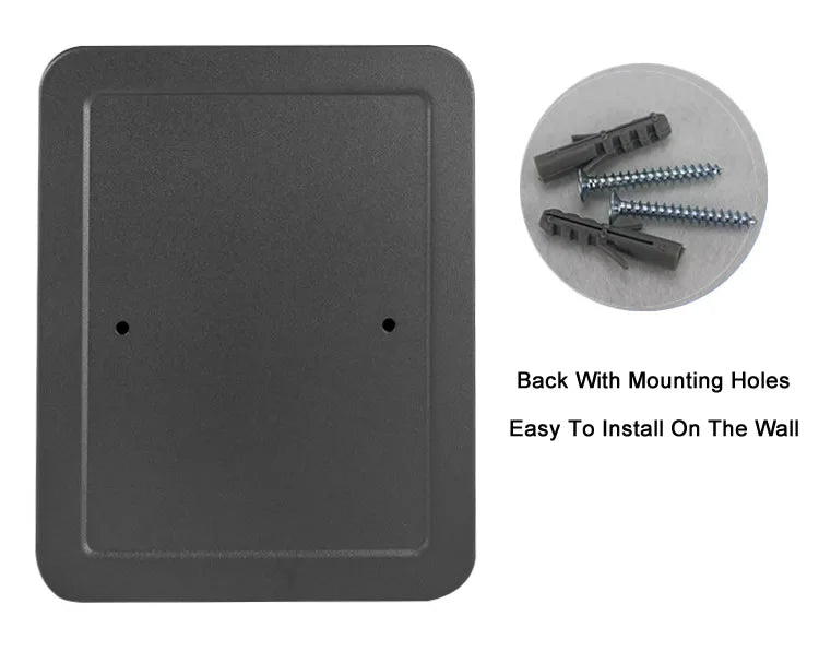 Grey metal wall mounting plate with two holes and included screws and anchors for installation.