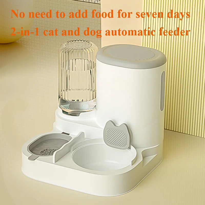White 2-in-1 automatic pet feeder and water dispenser with a transparent water bottle and modern, minimalist design.