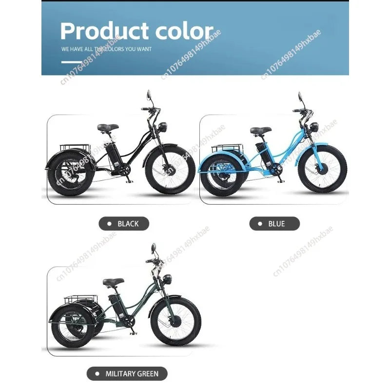 Three black, blue, and green 24-inch fat-tire electric tricycles with rear storage baskets and headlights.