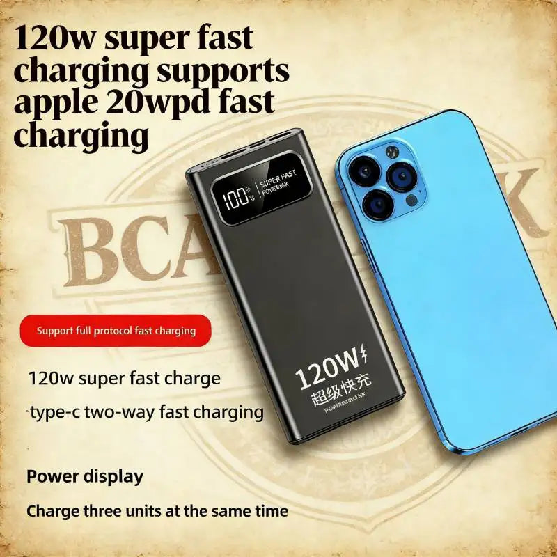 Black 20,000mAh portable power bank with a digital battery display and 120W fast charging next to a blue smartphone.