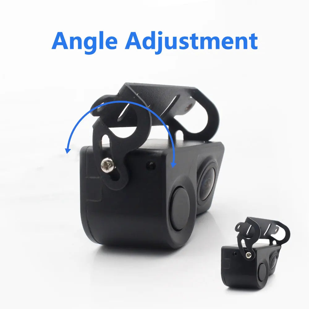 Black 2-in-1 car reversing camera and parking sensor with an adjustable mounting bracket on a white background.