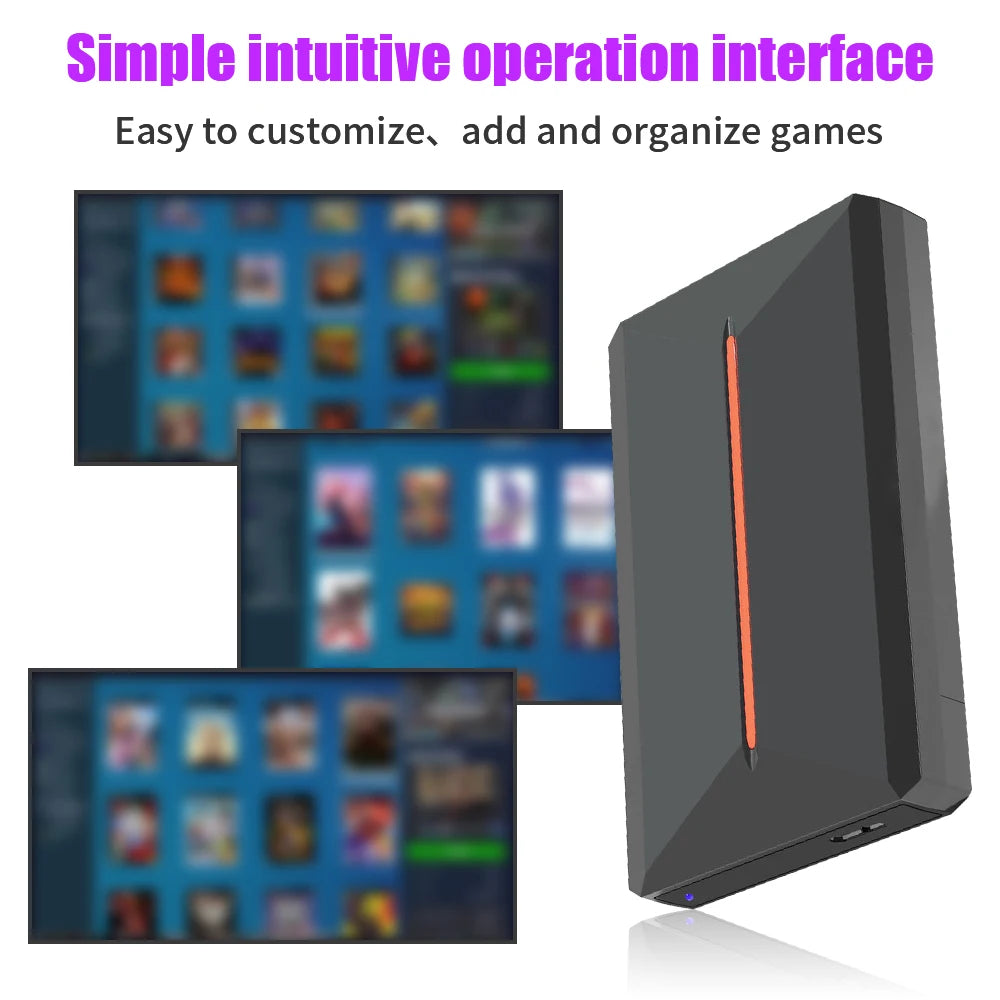 Black portable external gaming hard drive with a vertical orange light strip and blurred game interface screens.