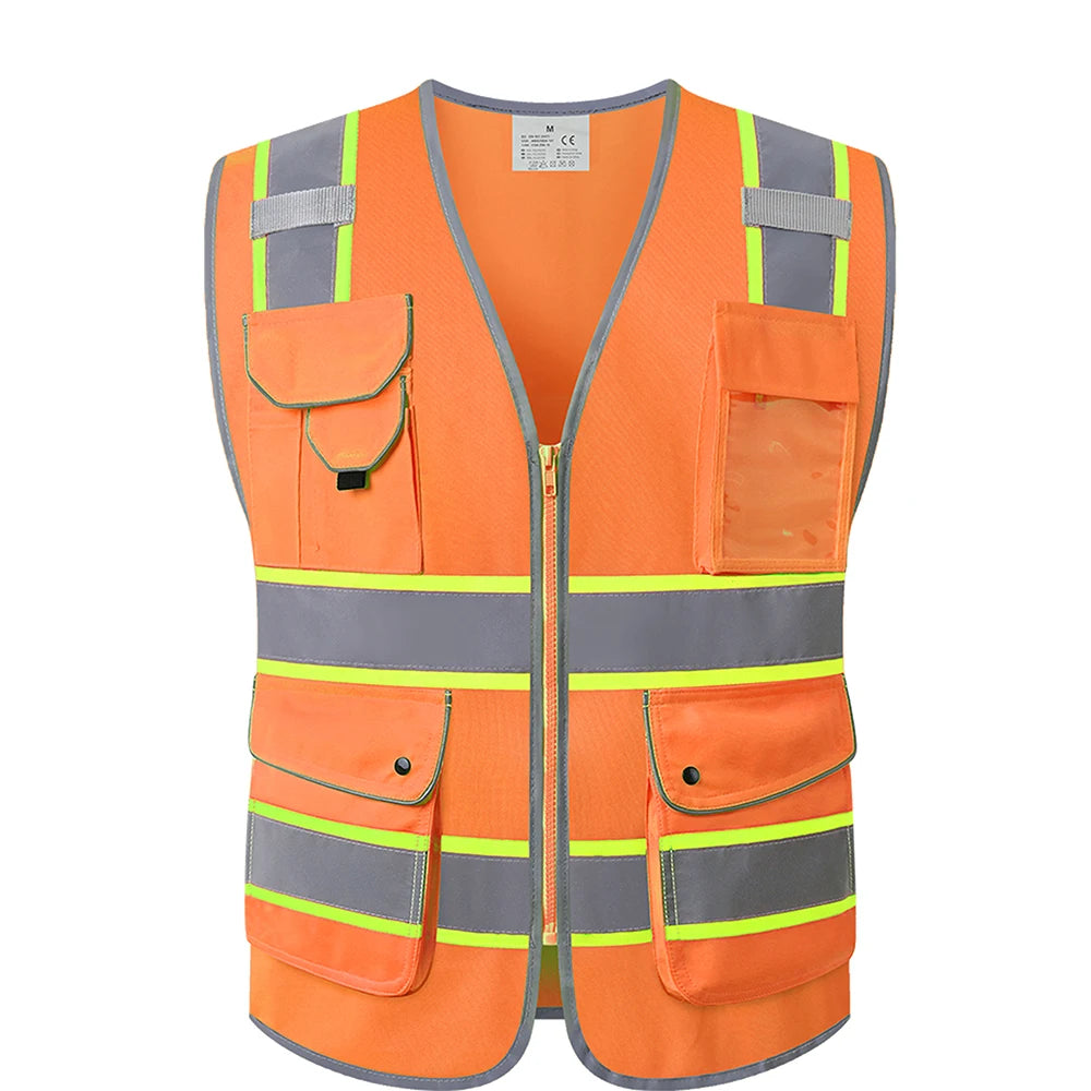 High-visibility orange workwear utility vest with reflective stripes, multiple front pockets, and a zip-up front.