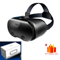 Black 3D VR glasses headset with adjustable head straps and packaging box with mysterious gift.