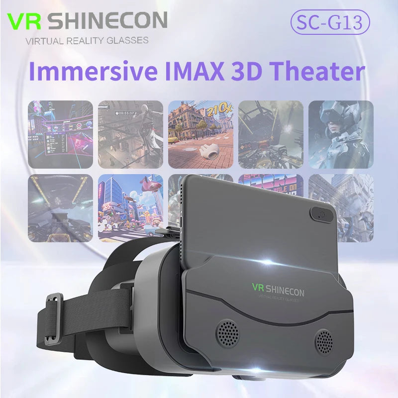 Grey VR headset with black head straps, featuring a mounted smartphone and VR Shinecon logo on the front.
