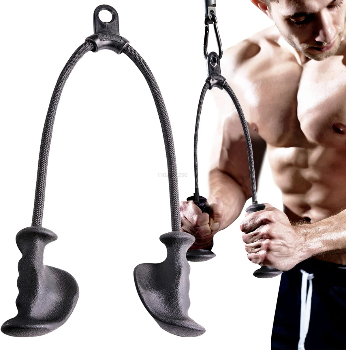 Black tricep rope with ergonomic handles, shown standalone and in use by a shirtless man.