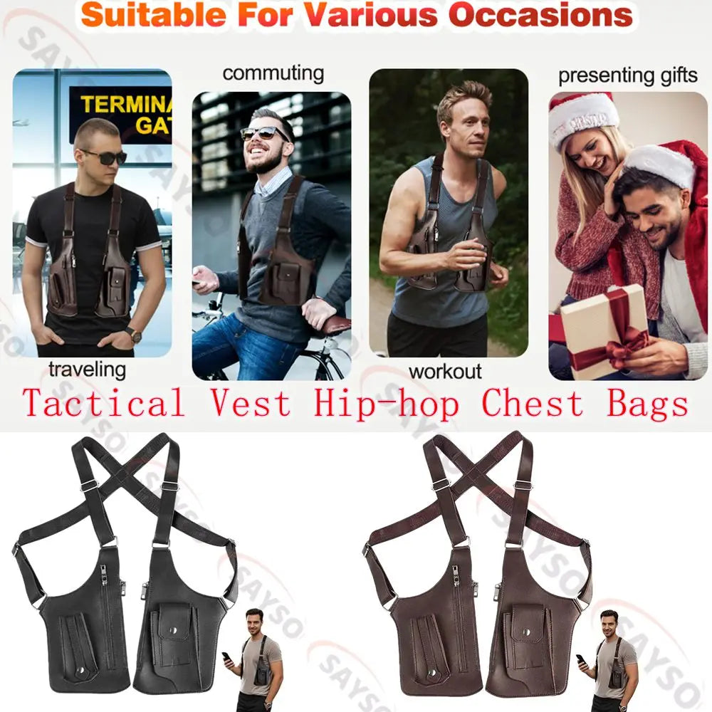 Men's black and brown waterproof tactical chest bags with multiple pockets, worn as a vest-style crossbody harness.