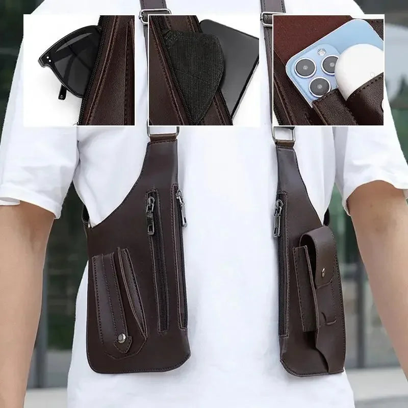Brown multi-pocket tactical chest bag with secure zip compartments for a phone, sunglasses, and daily essentials.