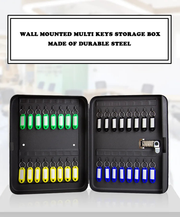 Black wall-mounted steel key storage box with a lock and rows of multi-colored key tags for organization.