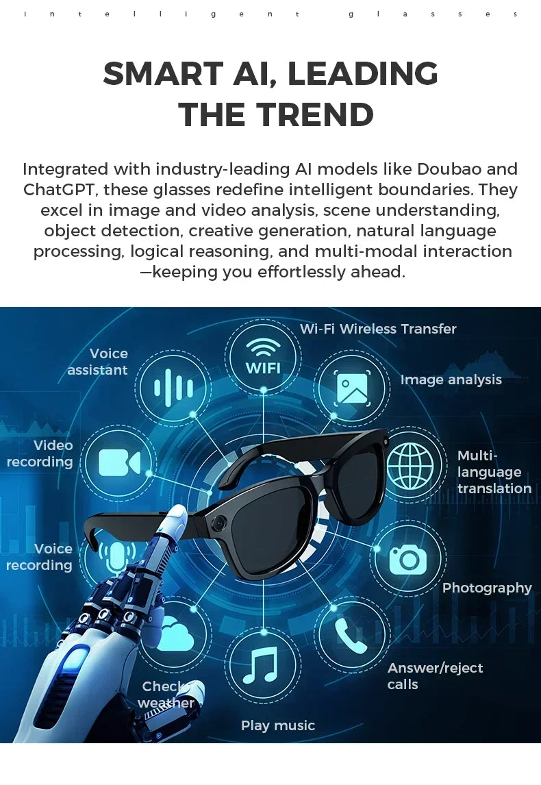 Sleek black smart glasses with an integrated camera, surrounded by blue digital icons representing AI and audio features.