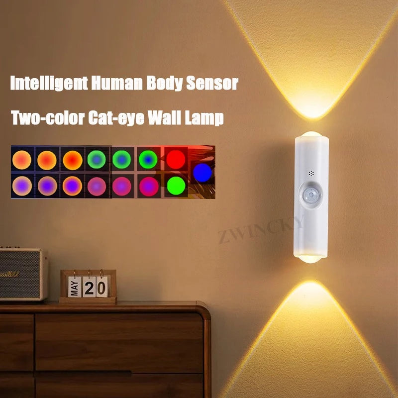 White rechargeable LED wall lamp with motion sensor, casting warm light beams in an upward and downward pattern.