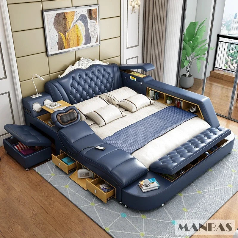 Navy blue smart bed frame with button-tufted headboard, built-in massage chair, storage drawers, and shelving.