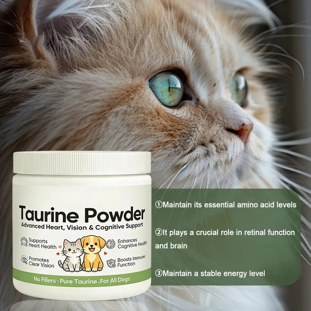 Taurine powder supplement in a white jar, promoting heart, vision, and brain health for cats and dogs.