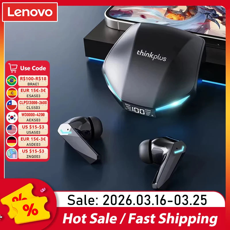 Black gaming wireless earbuds with a futuristic charging case featuring an LED digital display and glowing blue accents.