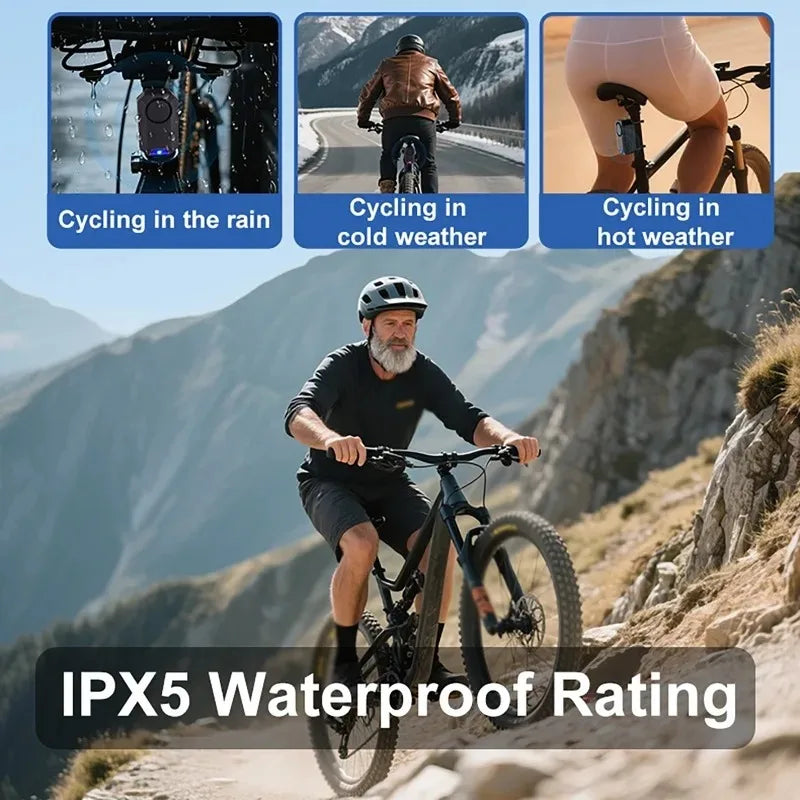 Black IPX5 waterproof plastic bike light mounted under a bicycle seat, used for various weather conditions.