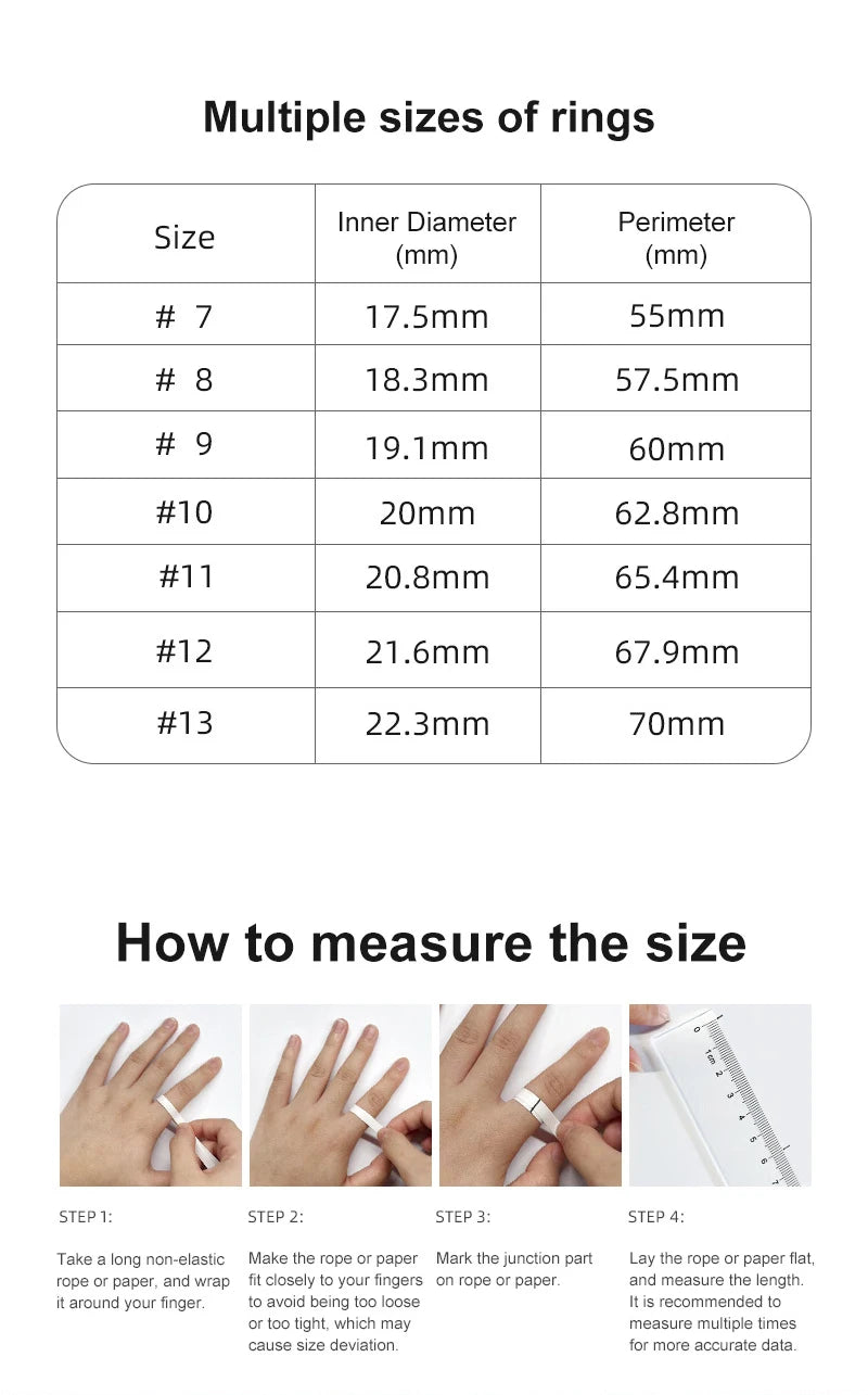 Size chart and measuring guide for the smart health ring, showing four steps to find your finger size using tape.