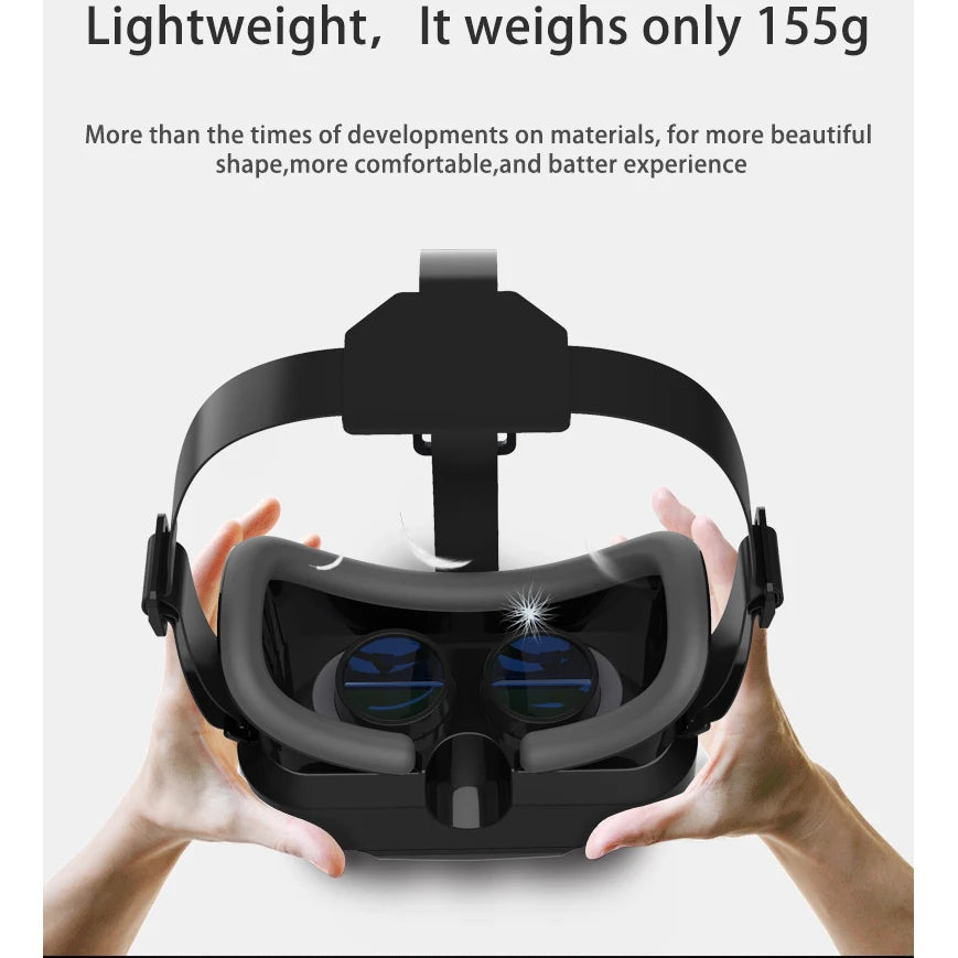 Black lightweight VR headset with padded facial cushion and adjustable head straps held by two hands.
