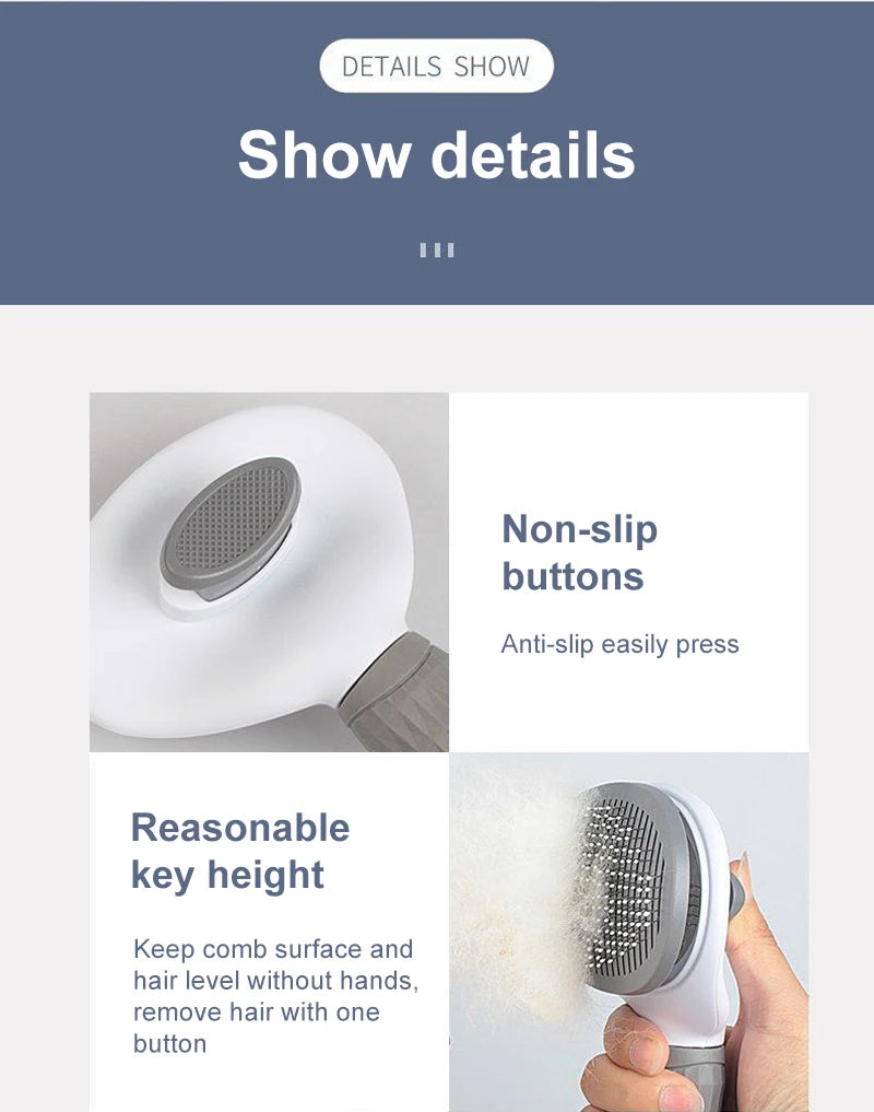 White and grey pet grooming brush with a one-click button to easily release collected fur.